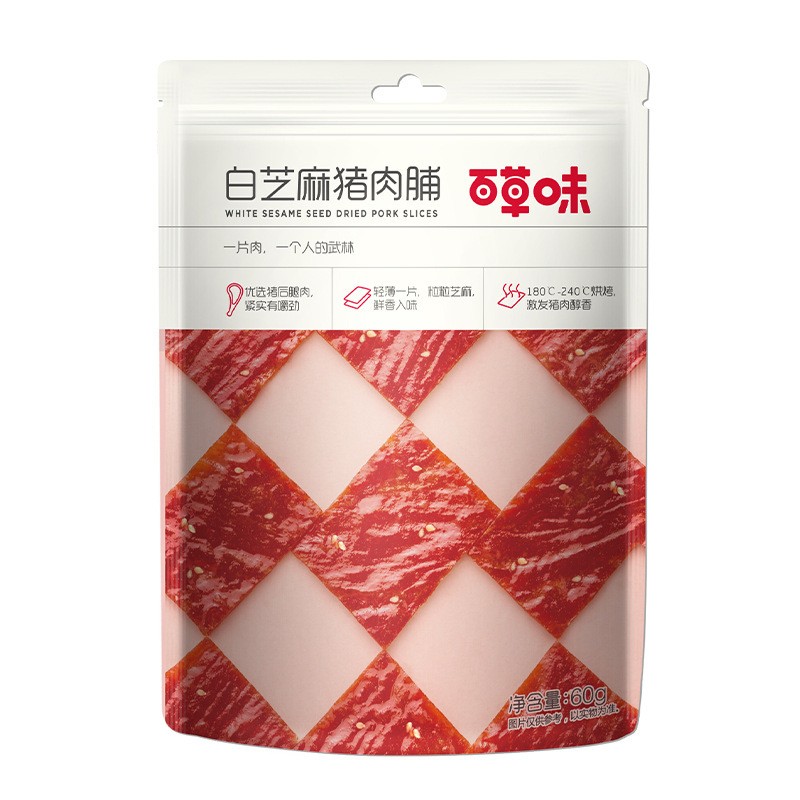 百草味白芝麻猪肉脯 60g/包休闲肉类网红零食猪肉脯批发图4