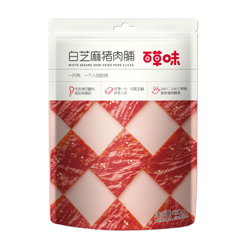 百草味白芝麻猪肉脯 60g/包休闲肉类网红零食猪肉脯批发图5