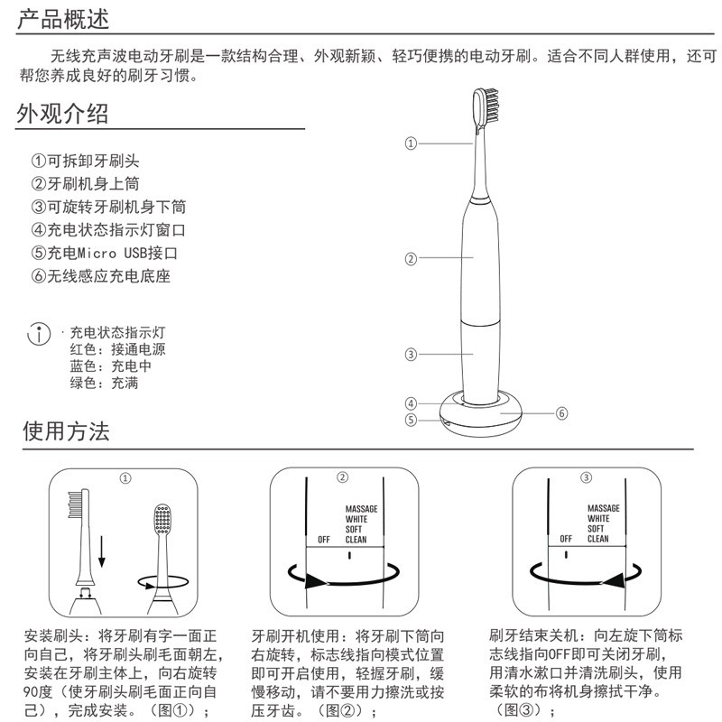 源头厂家便携无线充电电动牙刷 五档成人防水软毛声波电动牙刷图5